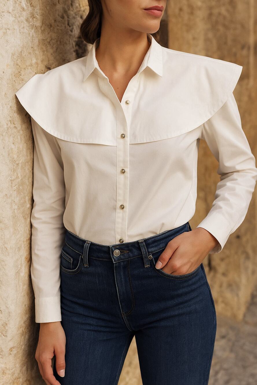 Nina Blanc Classic White Chemise Button Down Shirt with Wide Collar size Small